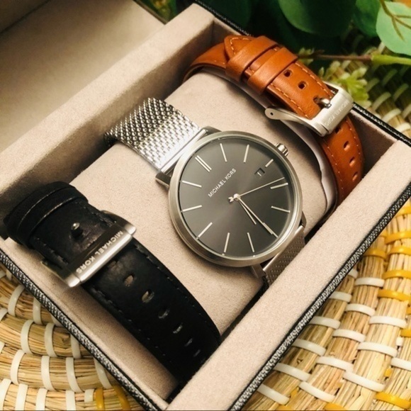 Michael Kors Men’s Black Dial Watch Set Stainless Steel + Leather Bands Nwt